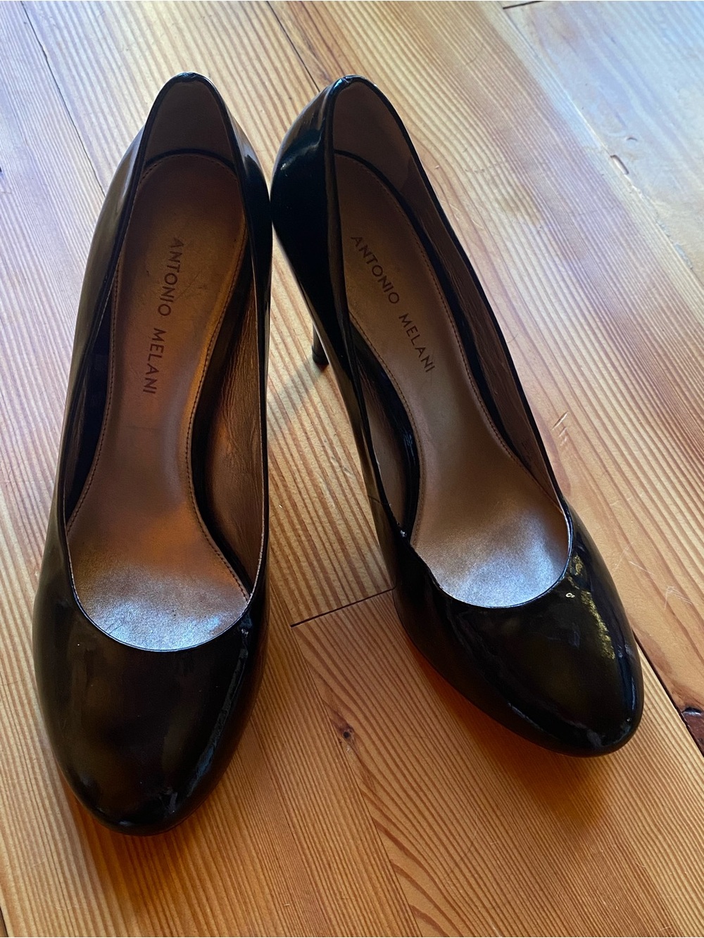 Antonio Melani Black Patent Leather Round Toe Stiletto Pumps Heels